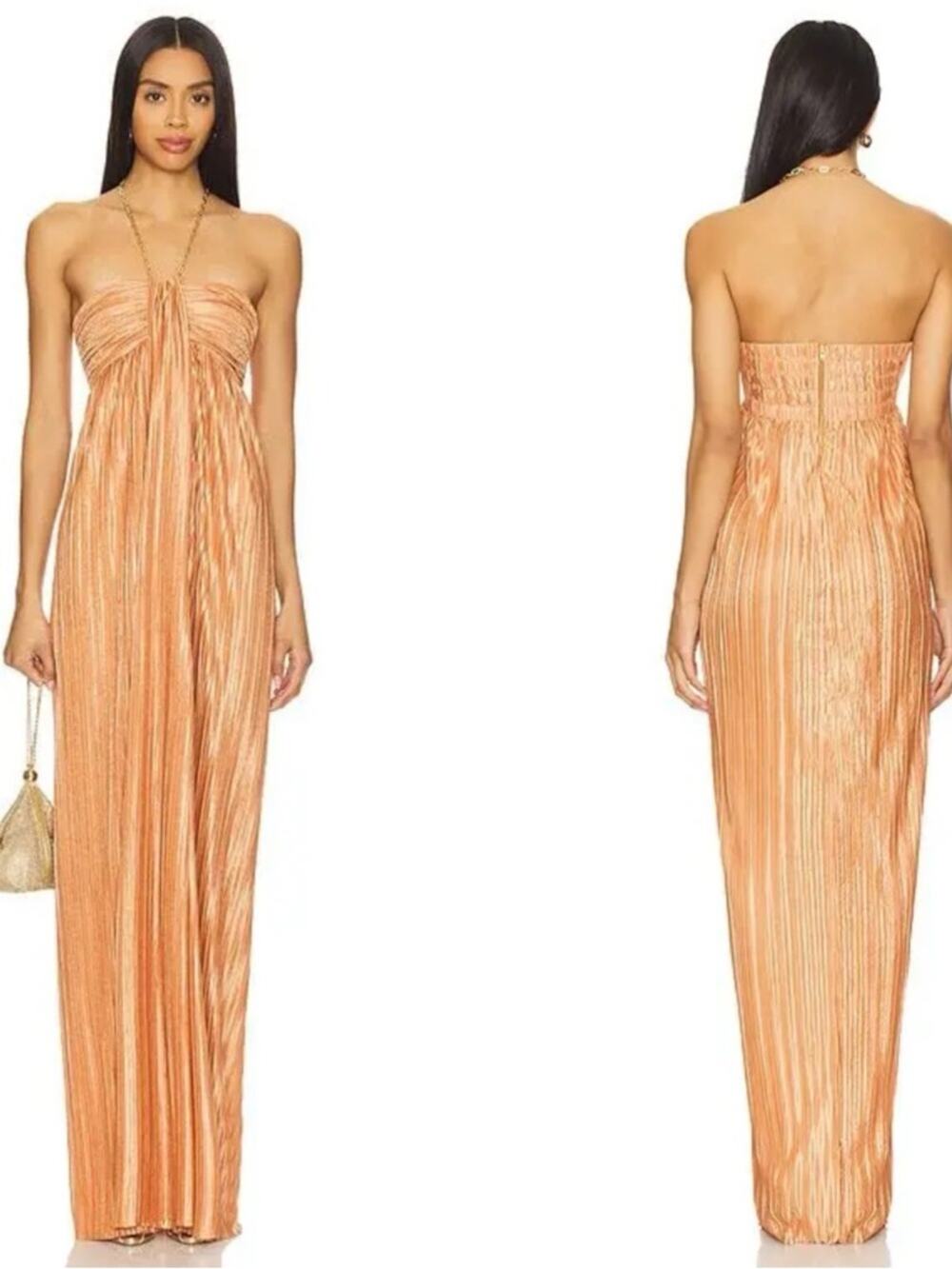 SABINA MUSAYEV Nicola Pleated Gold Chain Halterneck Maxi Dress Size Large